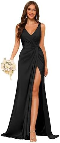 Women's Strap V-Neck Bridesmaid Dress Sleeveless Satin High Slit Prom Dress（Processing time need 3-6 days） 26