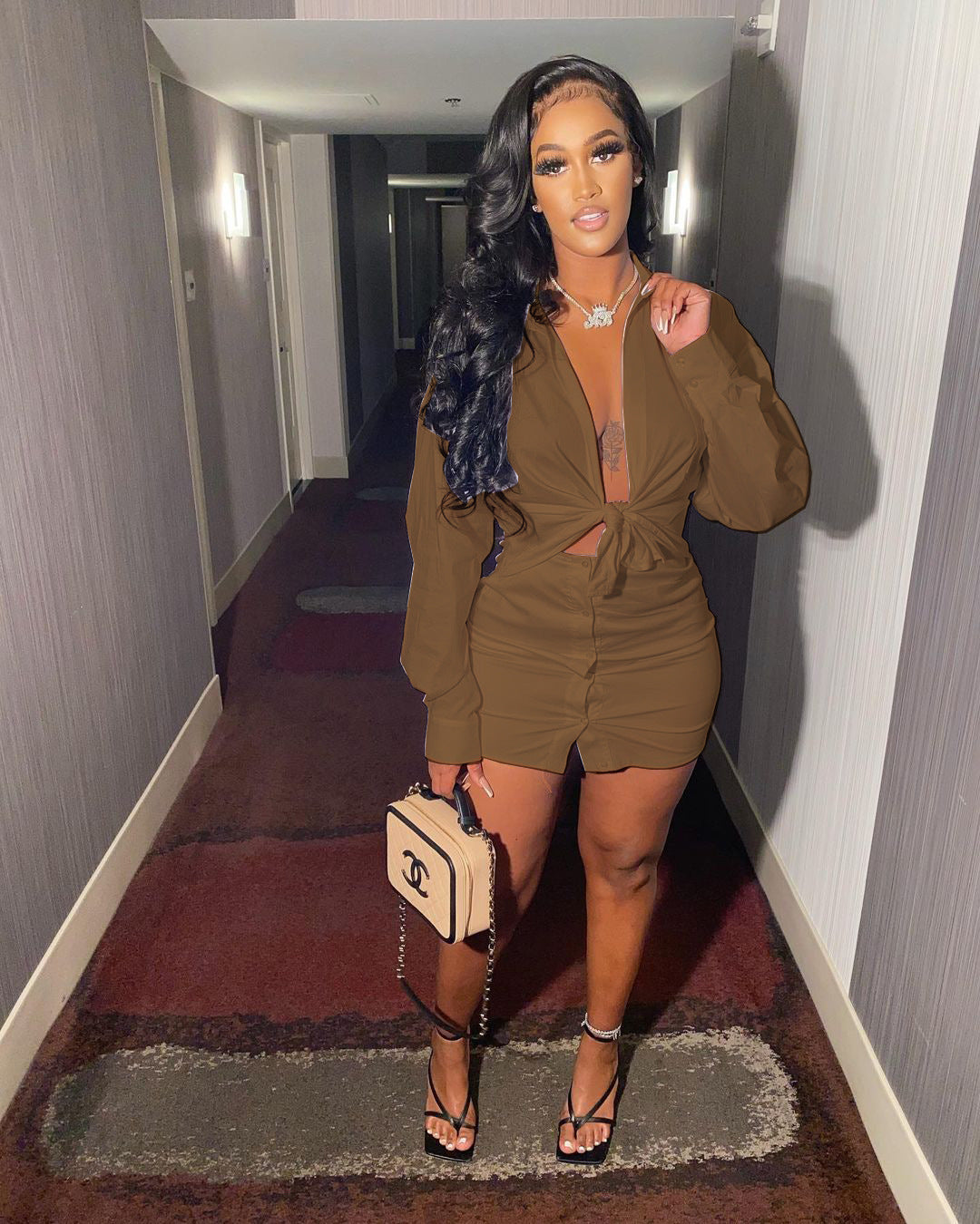 Women Casual Solid Shirt and Skirt Two-Piece Set 7