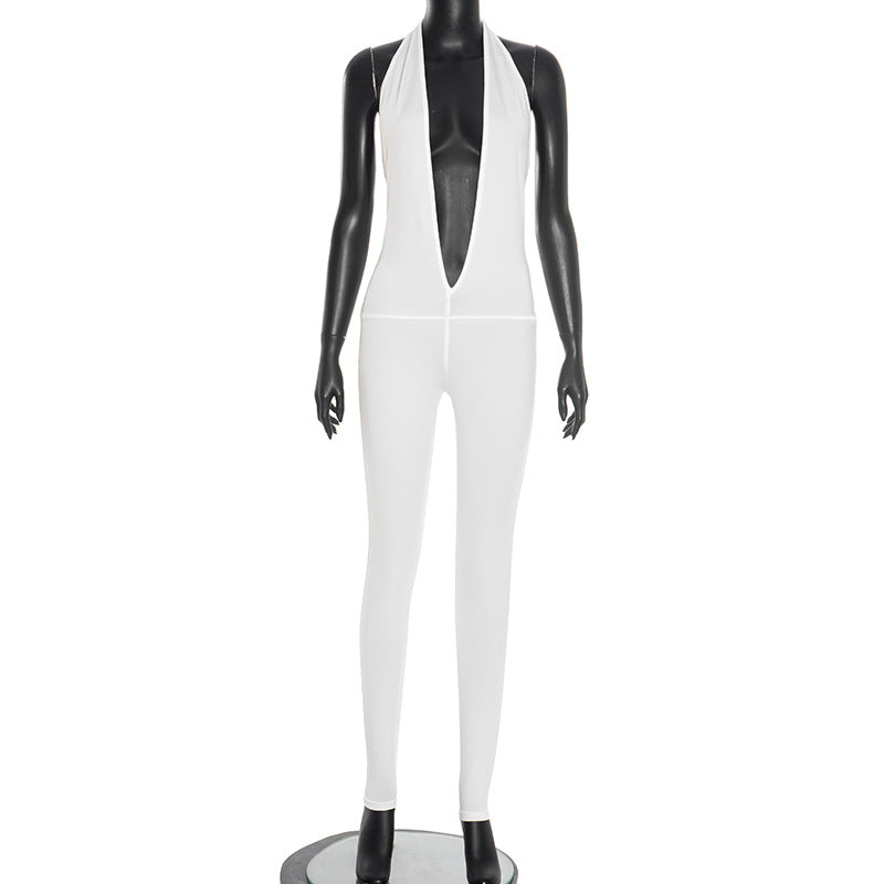 Women's Spring Summer Halter Neck Deep V-Neck Large Low Back Sleeveless Solid Color Jumpsuit 7