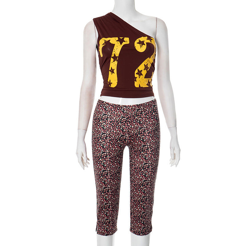 Women Spring Summer Sexy Slash Shoulder Print Top and Cropped Pants Two Piece Set 5