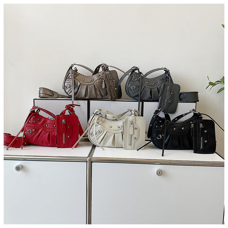 Diagonal pleated single shoulder women's retro rivet bag 69