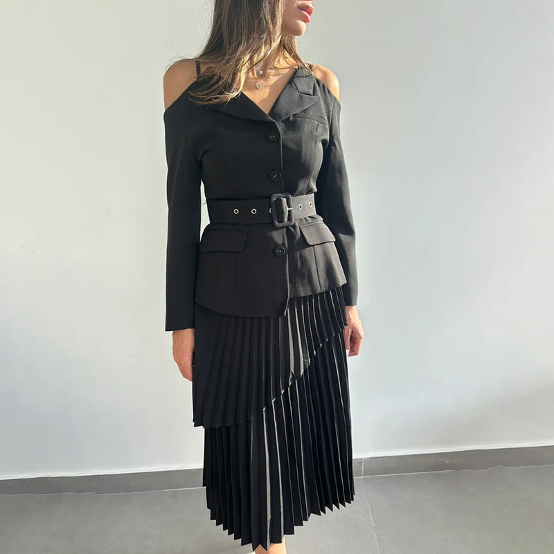 Off-Shoulder Strap Top High-Waist Pleated Skirt Two Piece Set