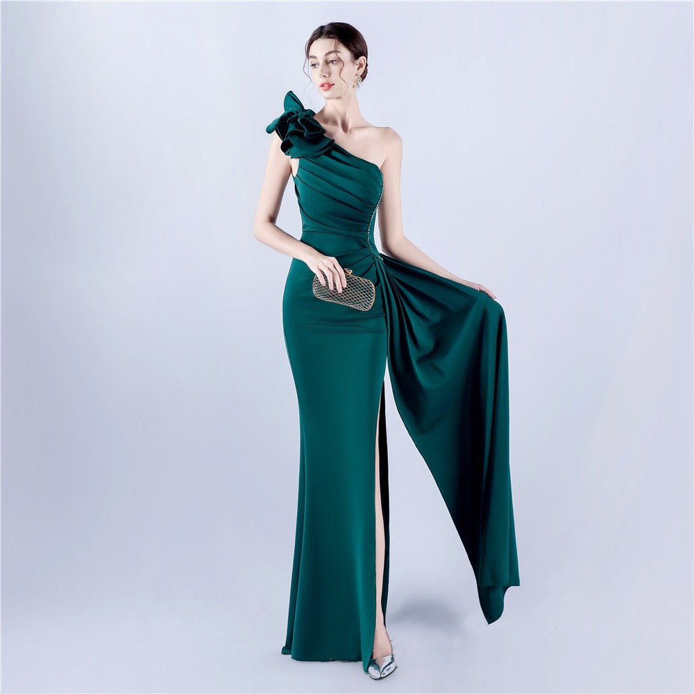 Elegant Flower Slash Shoulder Slit Evening Dress 10