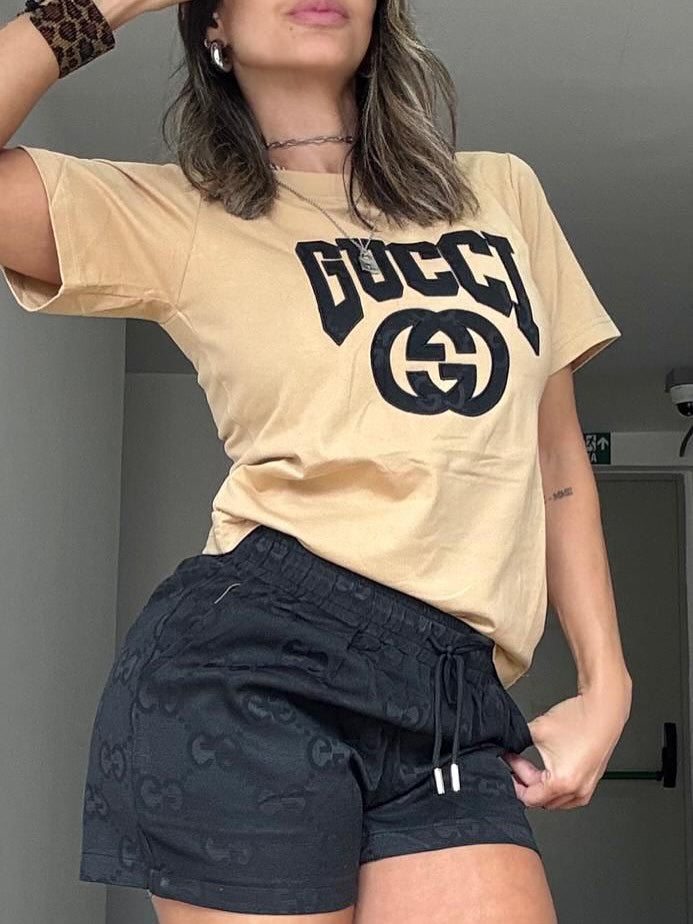 Women Summer Embroidered Printed Short Sleeve Top and Shorts Two-Piece Set 4