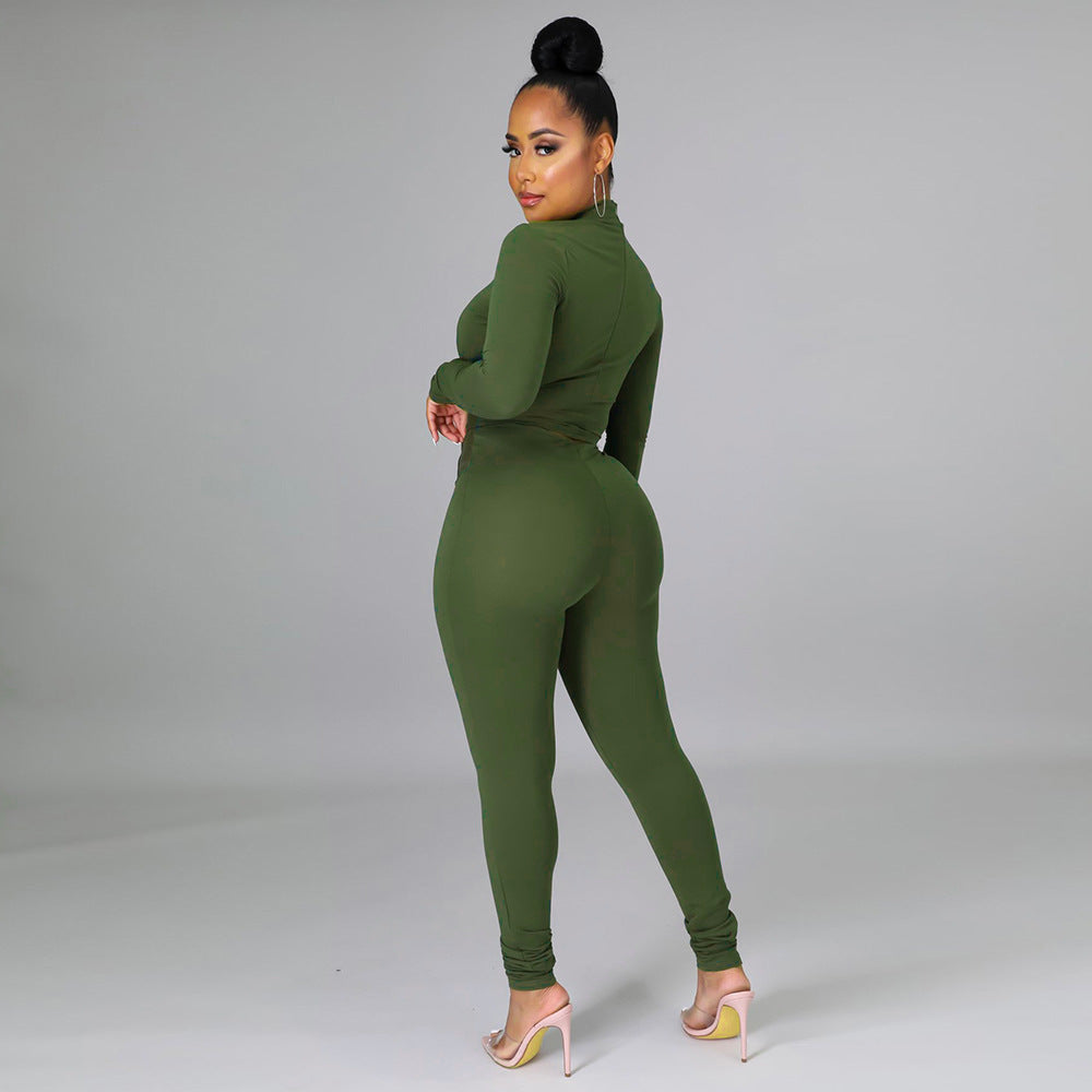 Women Fashion PU-Leather Patchwork Long Sleeve Solid Top and Pant Two-piece Set 5