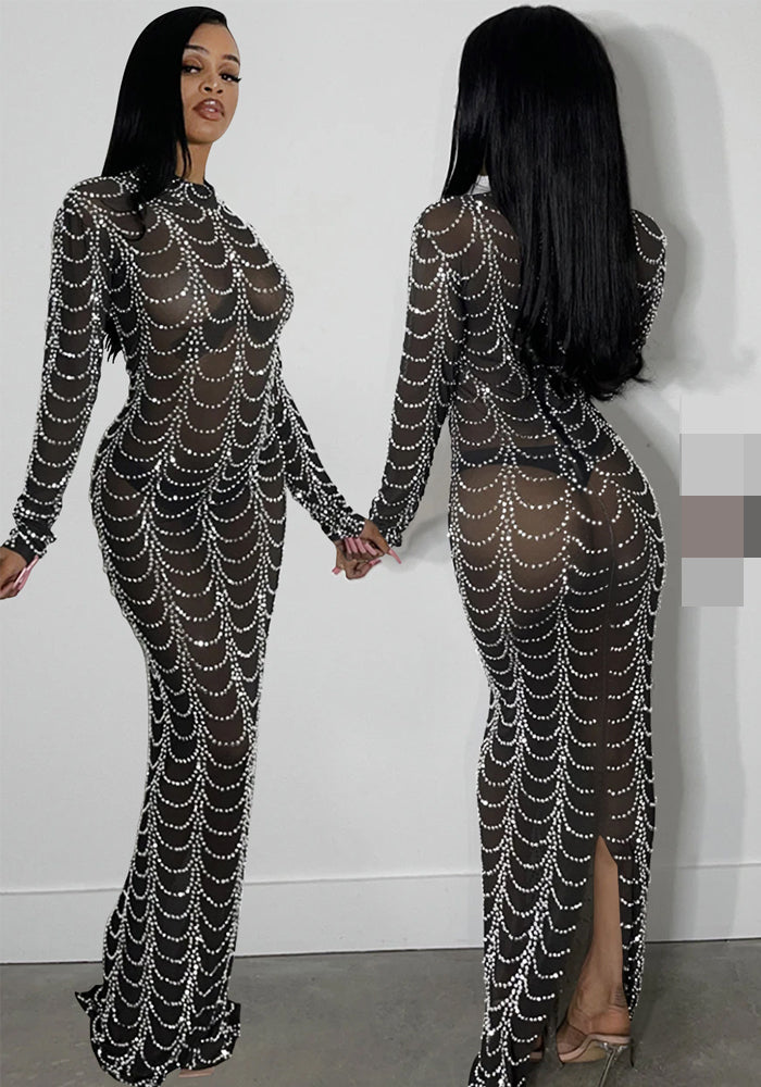 sexy rhinestone bead long sleeve see through long club dress