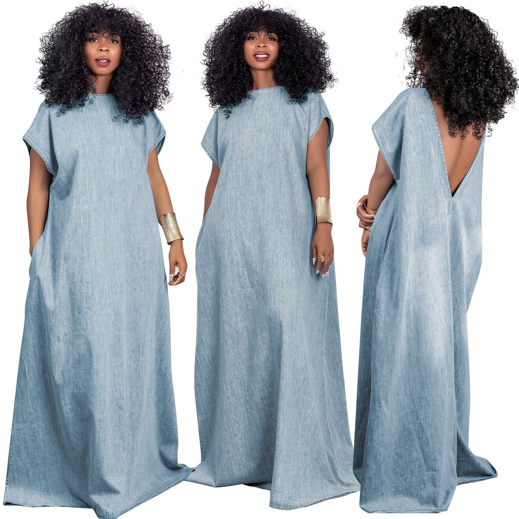 Vintage Loose Deep V Low Back Long Denim Dress 6