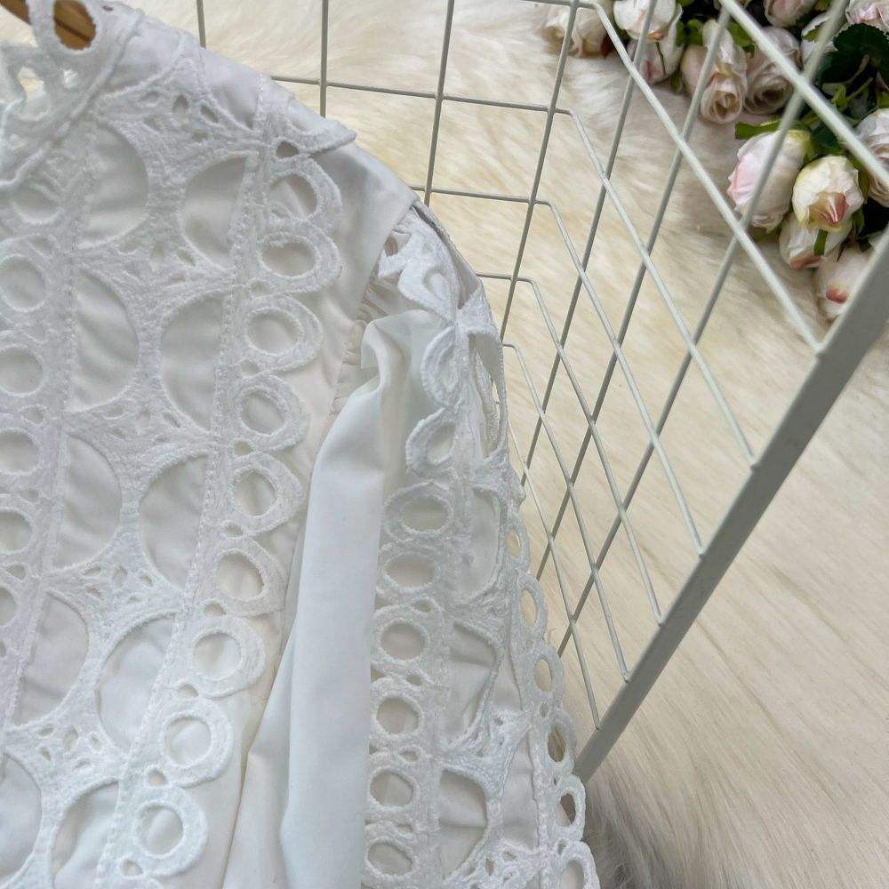 Spring Autumn Retro Chic Lantern Long Sleeve Lace Hollow Patchwork Round Neck Slim Waist Casual Dress 18