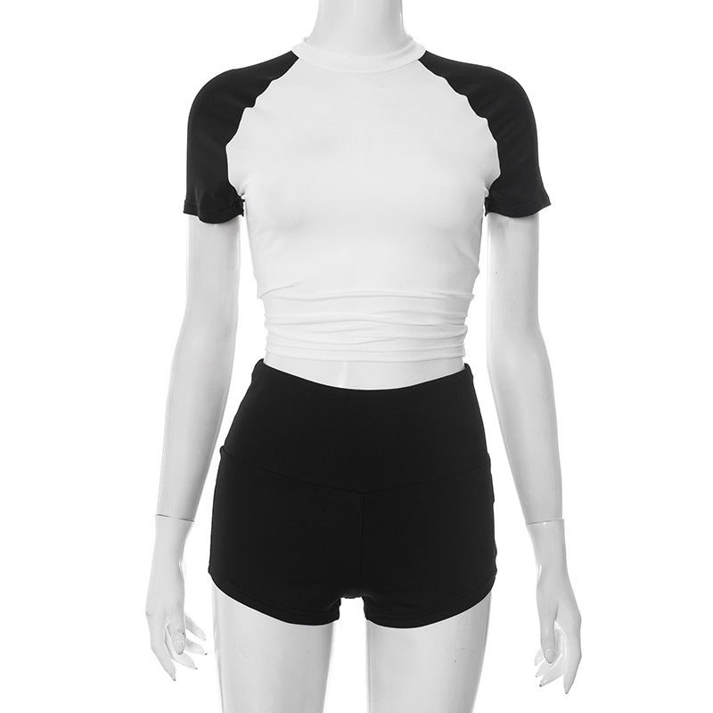 Women Spring and Summer Round Neck Contrast Color Top and Shorts Two-Piece Set 8