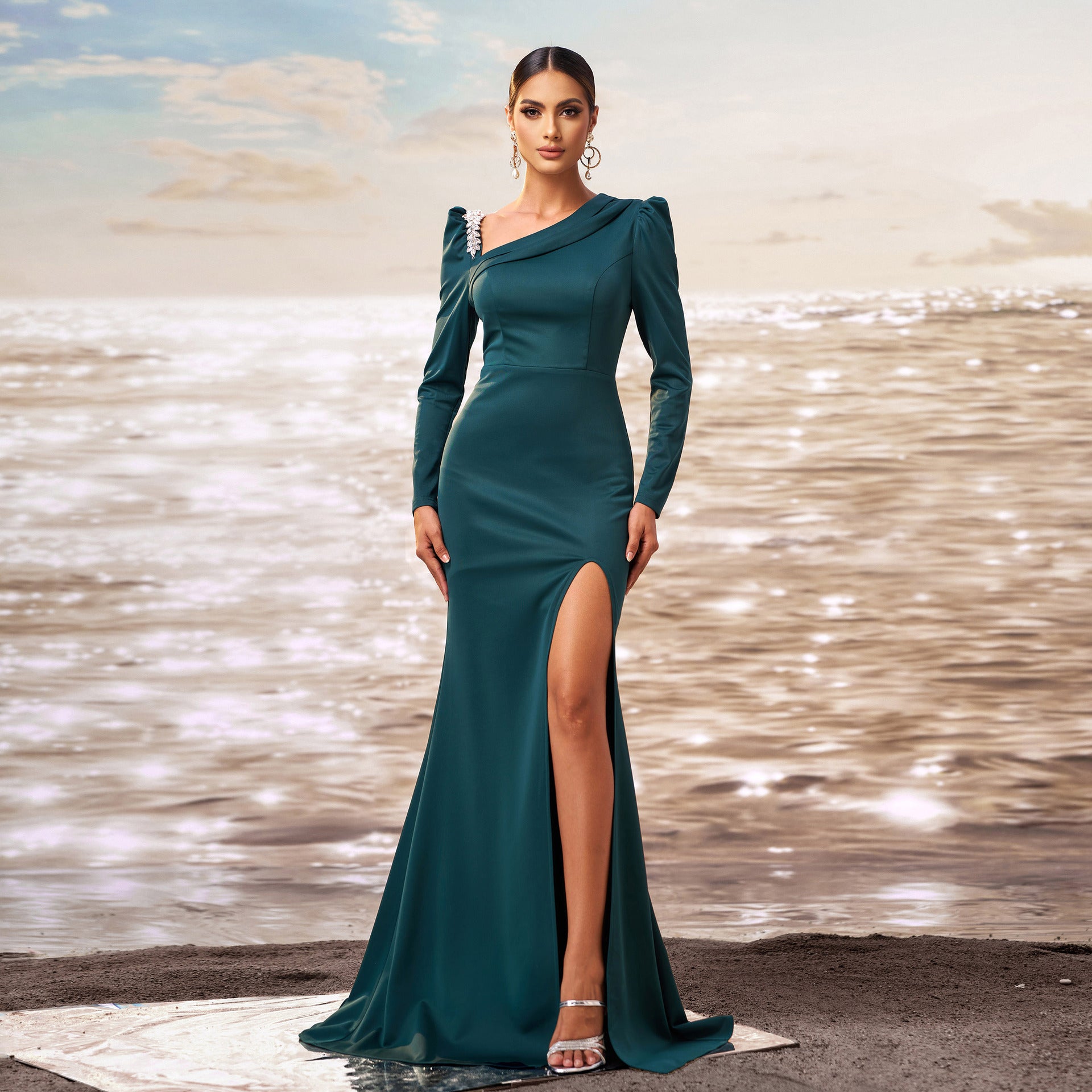 Women long sleeve Slash Shoulder Bodycon Formal Party fishtail slit evening dress 3