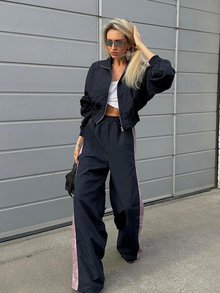 Women American contrast color sports casual jacket trousers Two Piece Set 3