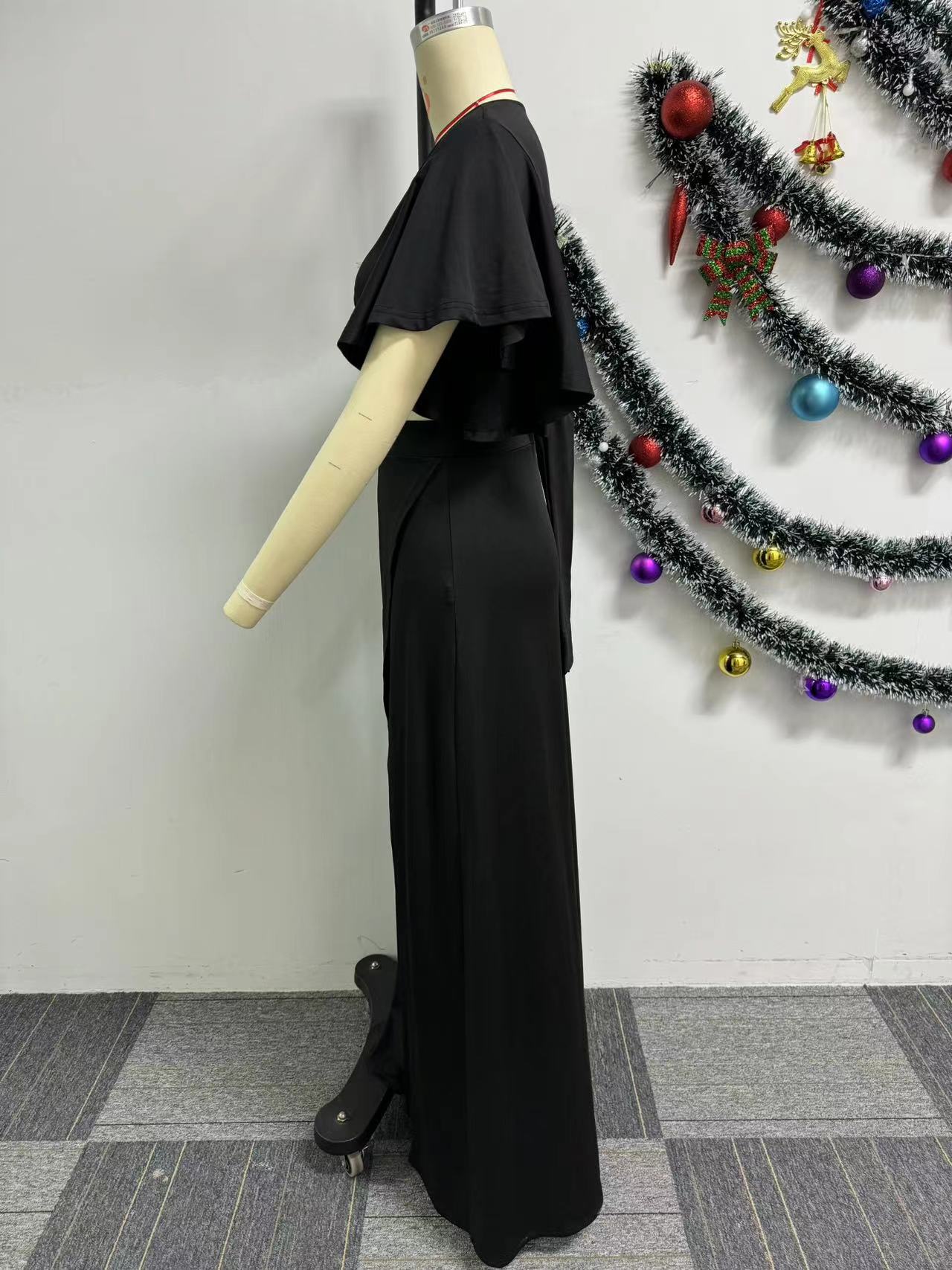 Sexy Solid Color Short Sleeves V-Neck Slit Two Piece Skirt Set 7