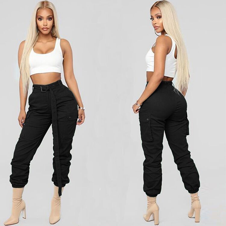 Women Solid Casual Cargo Pants with Belt 14