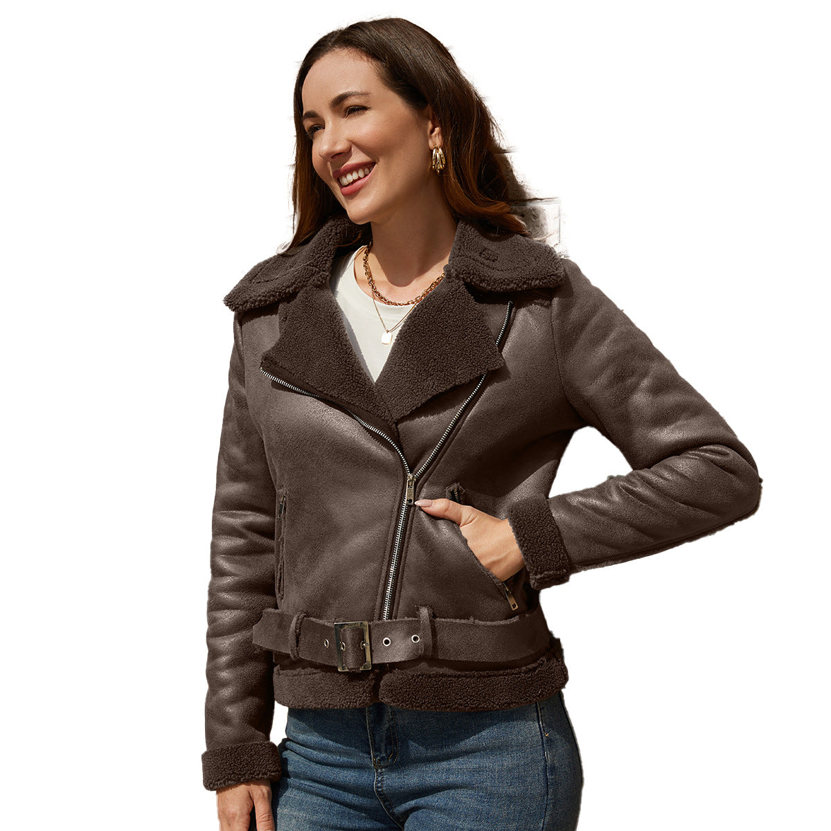 Autumn And Winter Fur Warm Women's Leather Jacket With Belt For Women Turndown Collar Coat 9