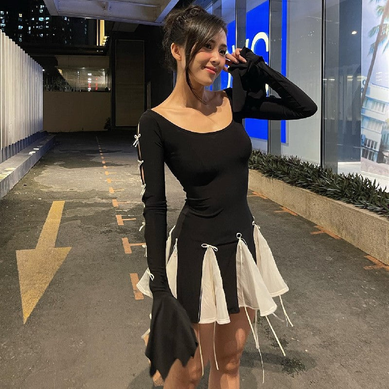 Spring Bow Lace-Up Bell Bottom Long Sleeve Dress 3