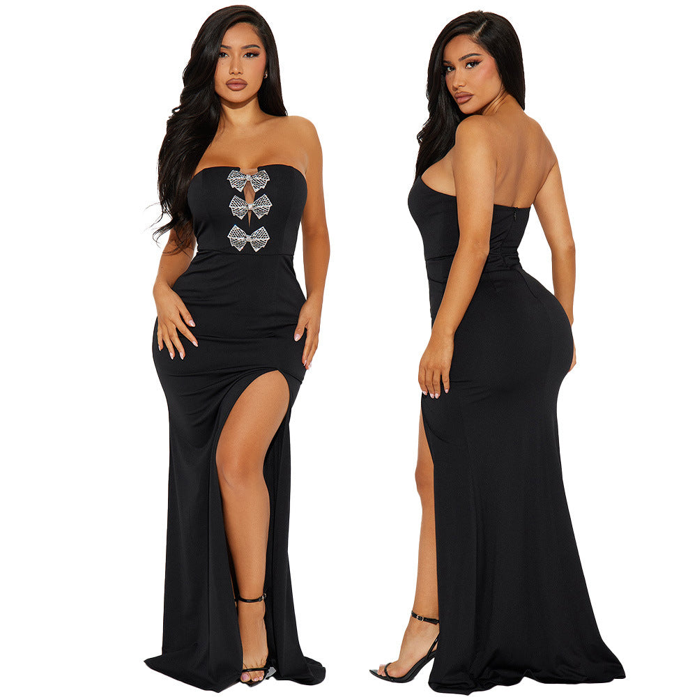 Women Diamond Bow Slit Strapless Dress 6