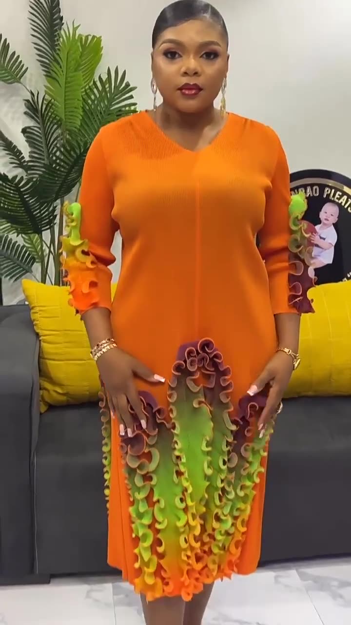 Africa Plus Size Dress Fashion Rainbow Ruffle Chic Elegant Slim Fit Midi Dress 6