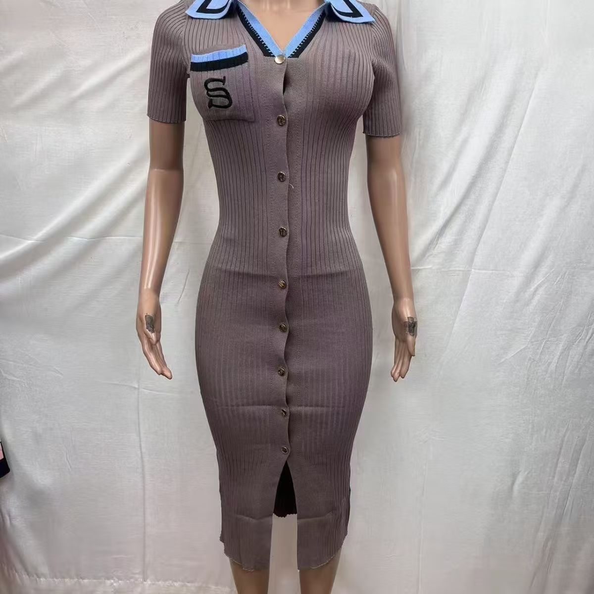 Women Fall/Winter French Contrast Color Embroidered Polo Neck Long-Sleeved Knitted Dress 8