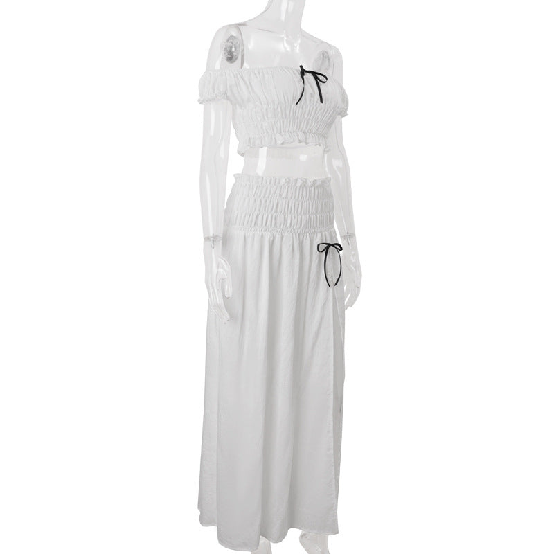 Women summer new sexy Chic Holidays Off Shoulder pleated top slit skirt set 7