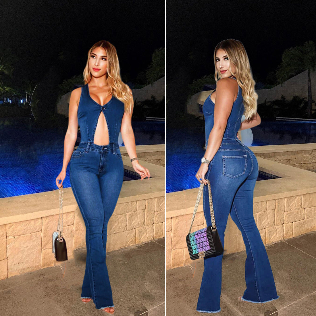 Sexy Fashion Slim Fit Sleeveless Hollow Out Denim Jumpsuit 7