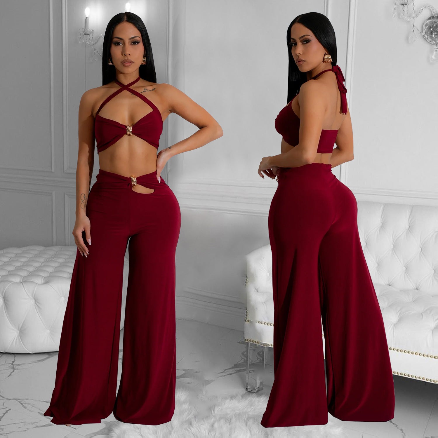 Women solid sexy strapless top and trousers two-piece suit
