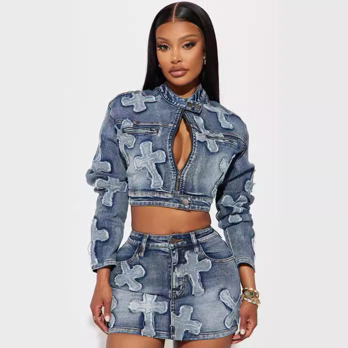 Women's Clothing Trendy Fashion Patch Denim Two Piece Skirt Set 3