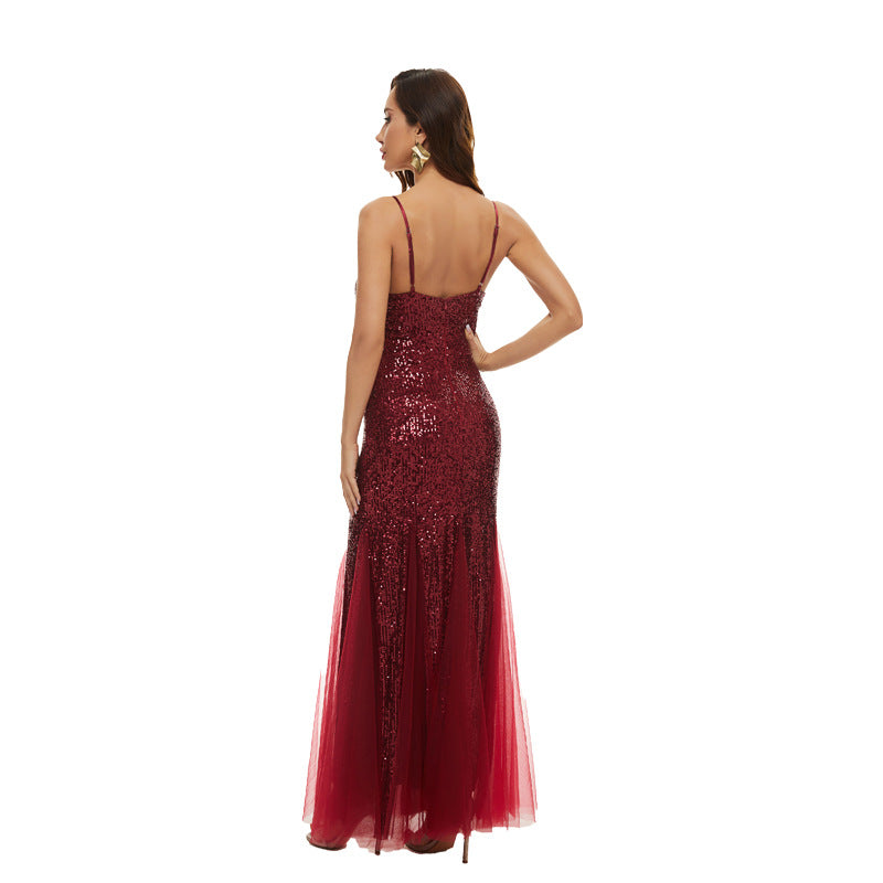 Sequin Dress Women's Luxury Formal Party Evening Dress Deep V Neck Patchwork Sexy Strap Long Dress Slim Fishtail Dress 8