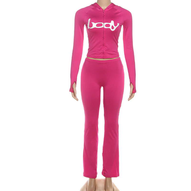 Women Fall/Winter Hooded Letter Print Zipper Top and Pants Two-Piece Set 40