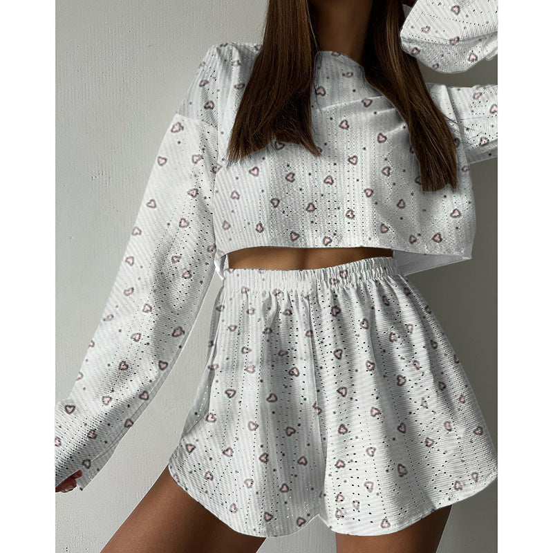 Women's Pajama-Style Two Piece Set Fashionable Slim/Loose Pullover Top & Shorts 7