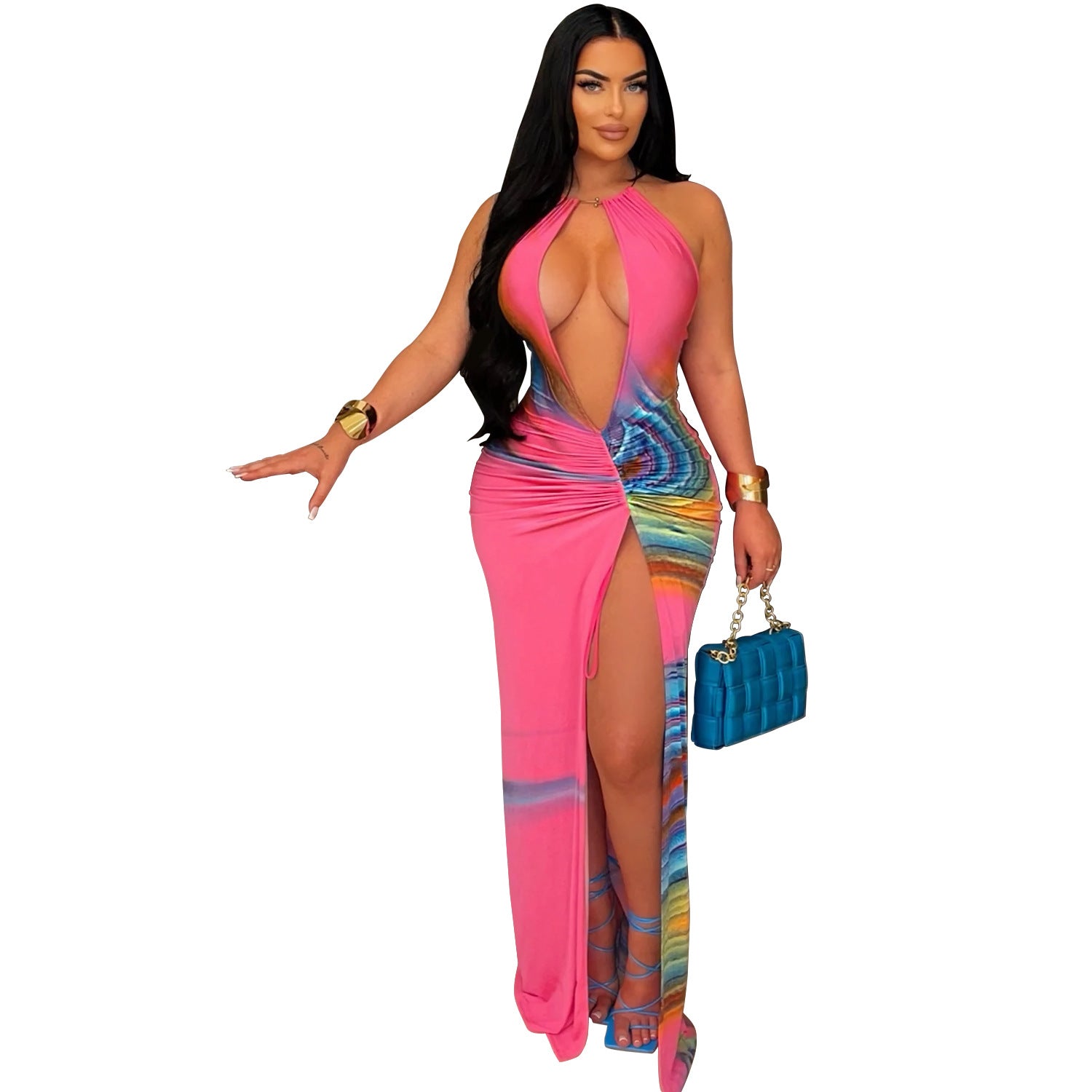 Women Printed V-neck Sleeveless Halter Neck Dress 4