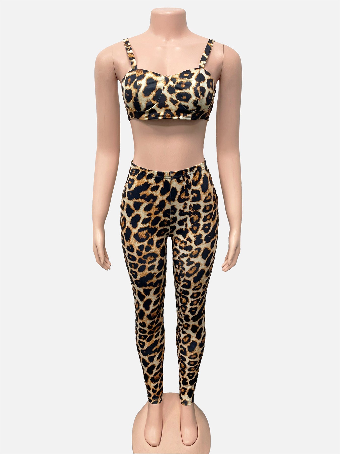 Women's Fashion Leopard Print Sexy Strap Crop Top with Tight Slim Pants Two-Piece Set 8