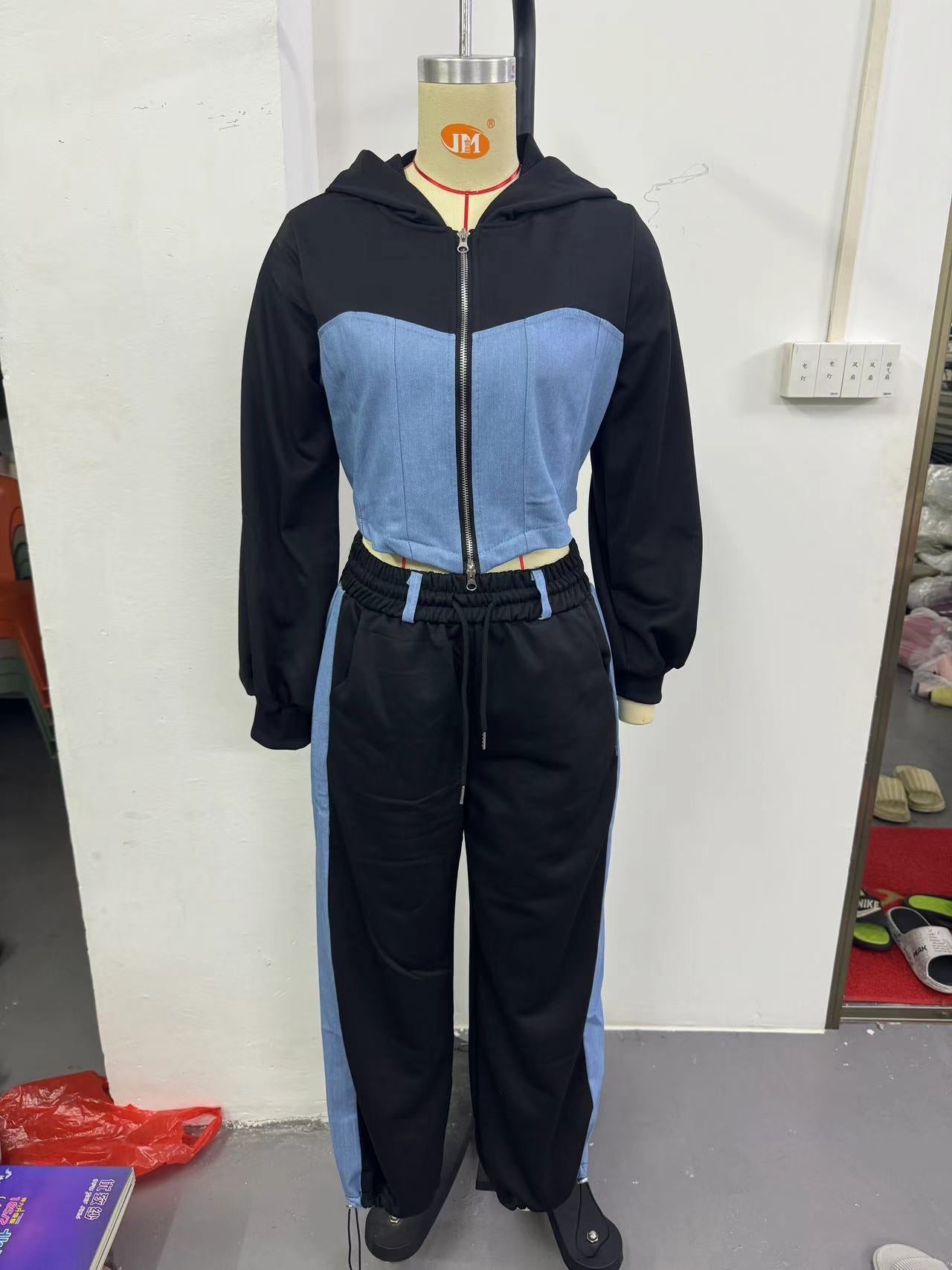 Women's Fashion Casual Hoodies Set Denim Patchwork Hooded Top and Pants Two-Piece Set 14