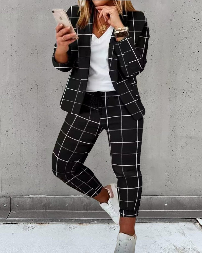 Autumn Winter Fashion Printed Long Sleeve Casual Blazer Pants Career Women Two Piece Suit 8
