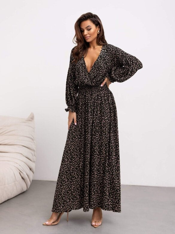 Autumn Fashionable Long Sleeve V-Neck Printed Dress