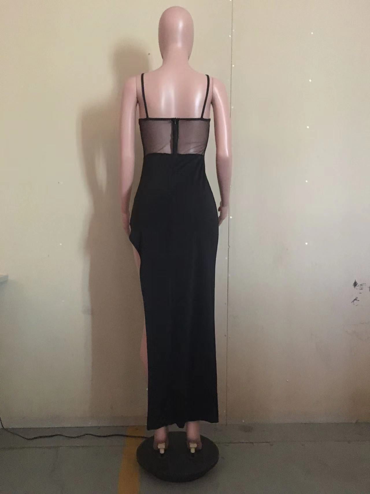 Women Summer Patchwork Mesh Beaded Slit Long Dress 26