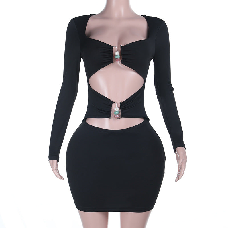 Women Long-Sleeved Cutout Fall Sexy Solid Bodycon Dress 9