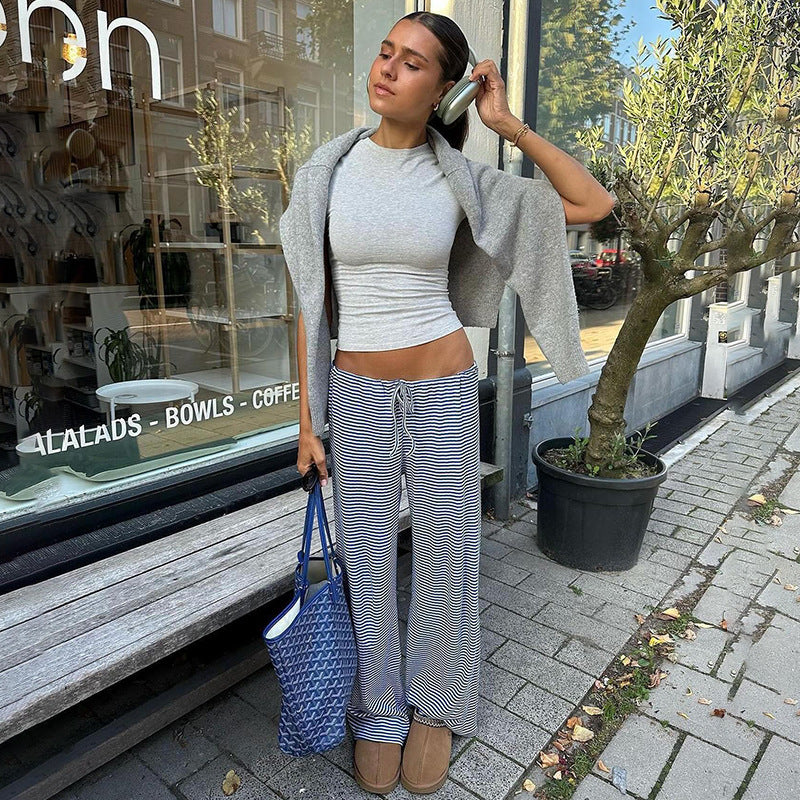 Women American Casual Striped Lace-up Pants 8