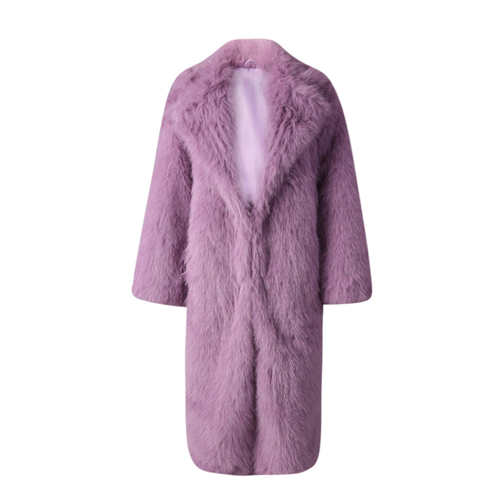 Women Winter Turndown Collar Fake Furry Coat 4