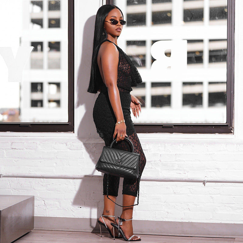 Women's spring and summer lace hood Halter Neck deep pile collar  Low Back Patchwork Dress and pants set 14