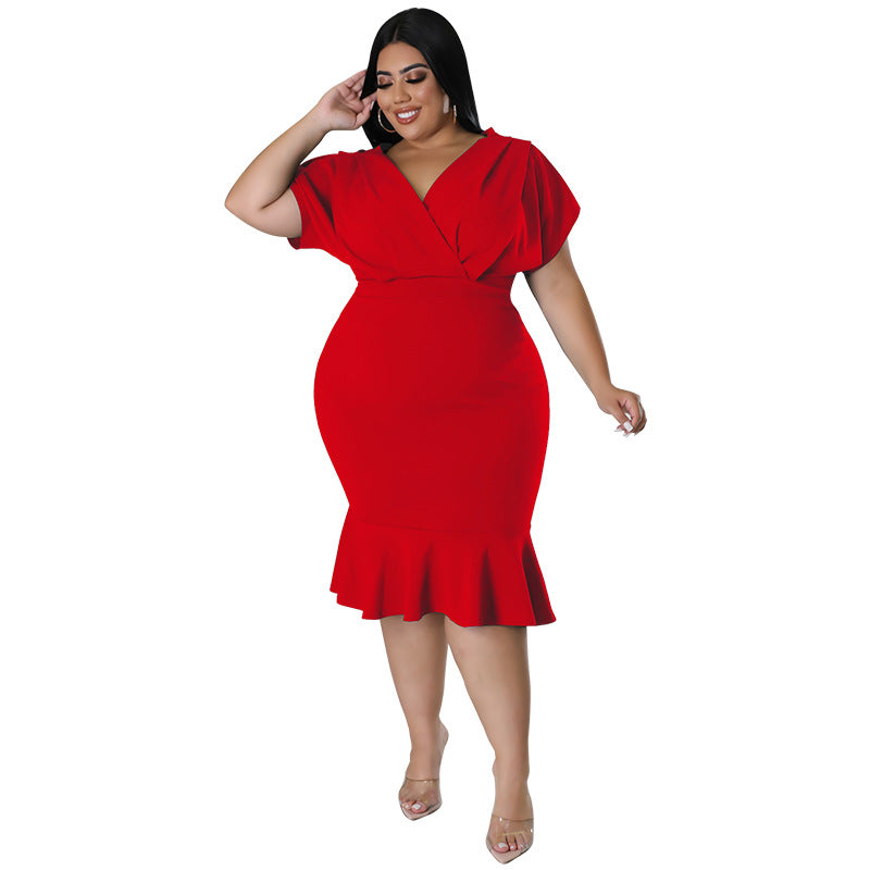 Fashion Plus Size Women's Summer Style V-Neck Solid Bodycon Dress 14