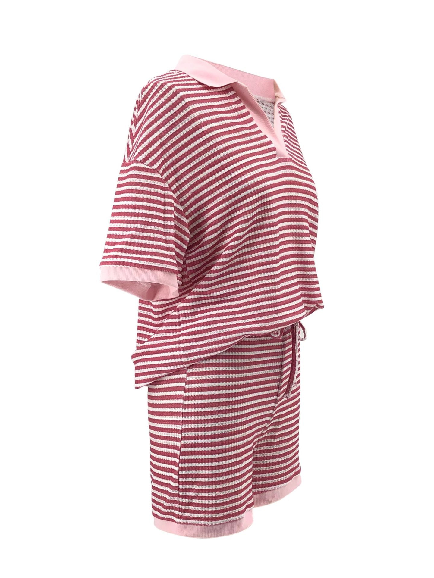 Women's Half-Sleeve V-Neck Striped Knit Top + High-Waist Shorts Casual Set 8