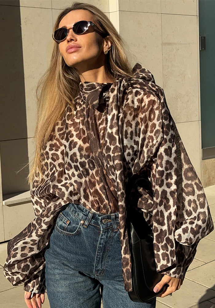 Women Spring Sexy Leopard Print Lace-up Long-sleeved Print Shirt