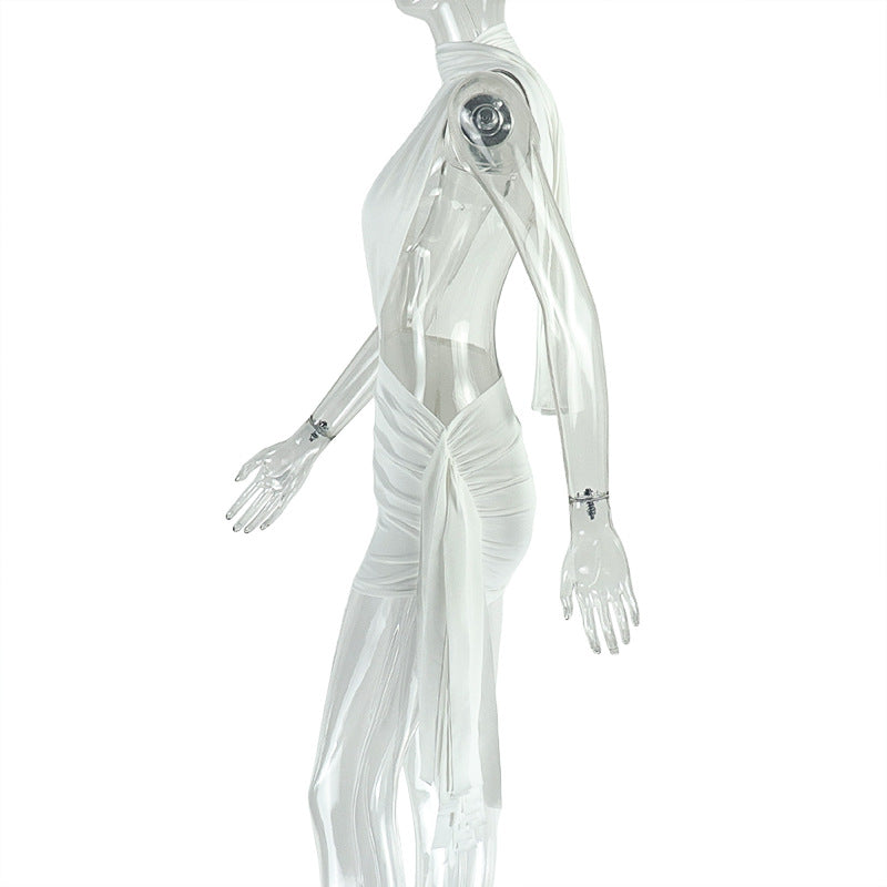 Women patchwork backless solid bodycon lace-up asymmetrical pleated dress 9