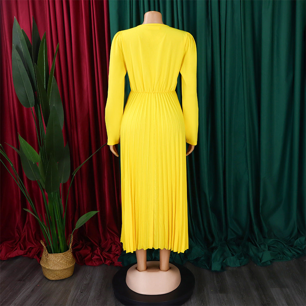 V-Neck Chic Elegant Slim Waist Belted Pleated High Waist Plus Size Dress 26