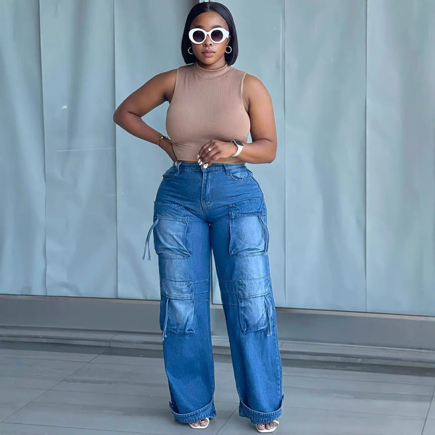 Women Fashion Denim Cargo Pants 3