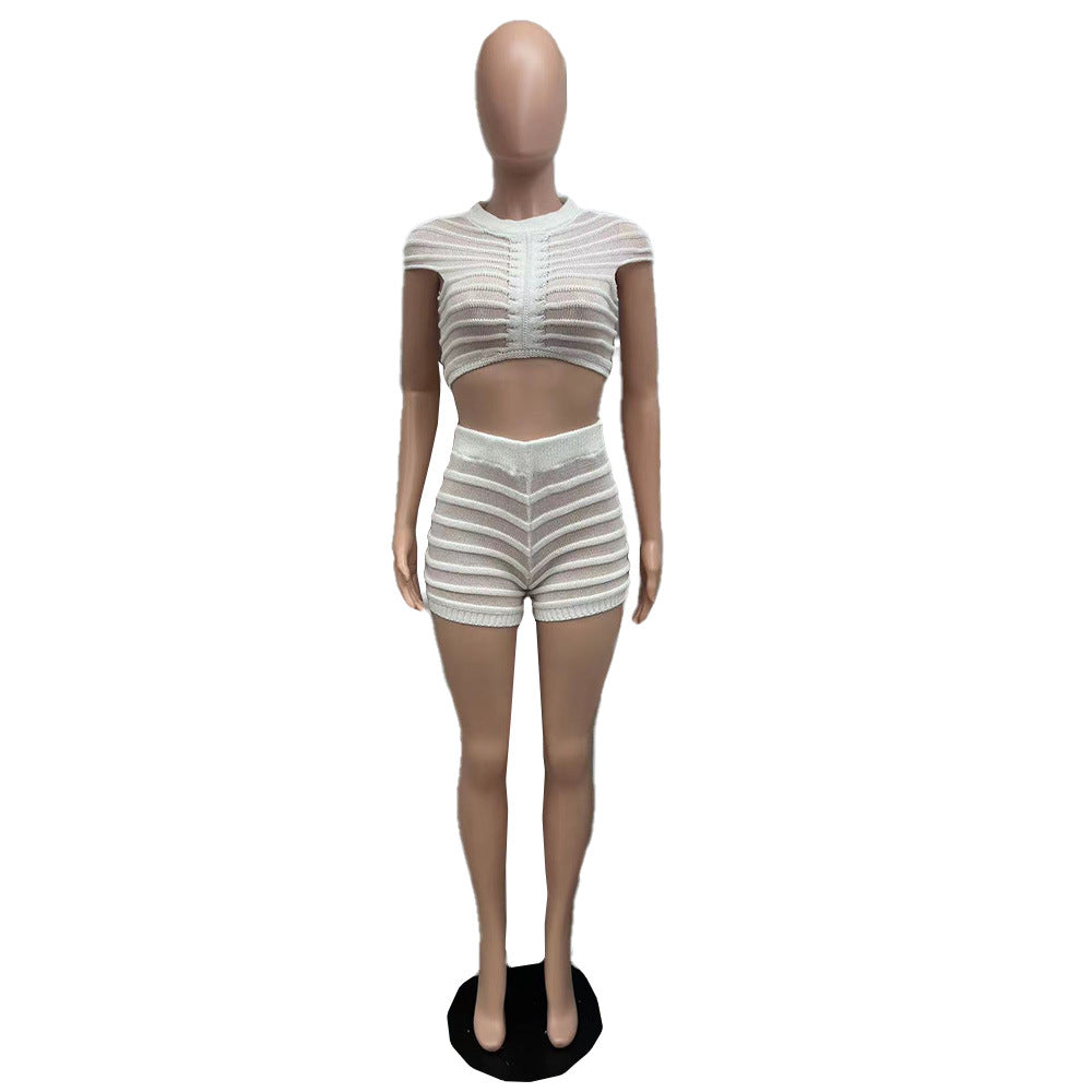 Women Sexy Knitting See-Through Top and Shorts Two-piece Set 7