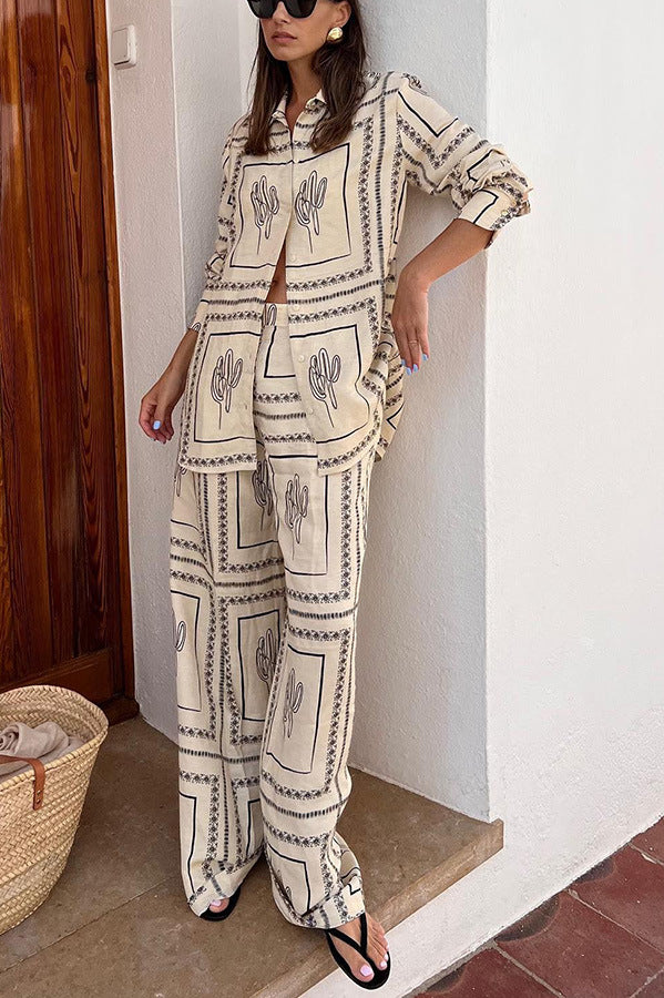 Printed Long-Sleeved Shirt And Trousers Two-Piece Set Home Wear 9