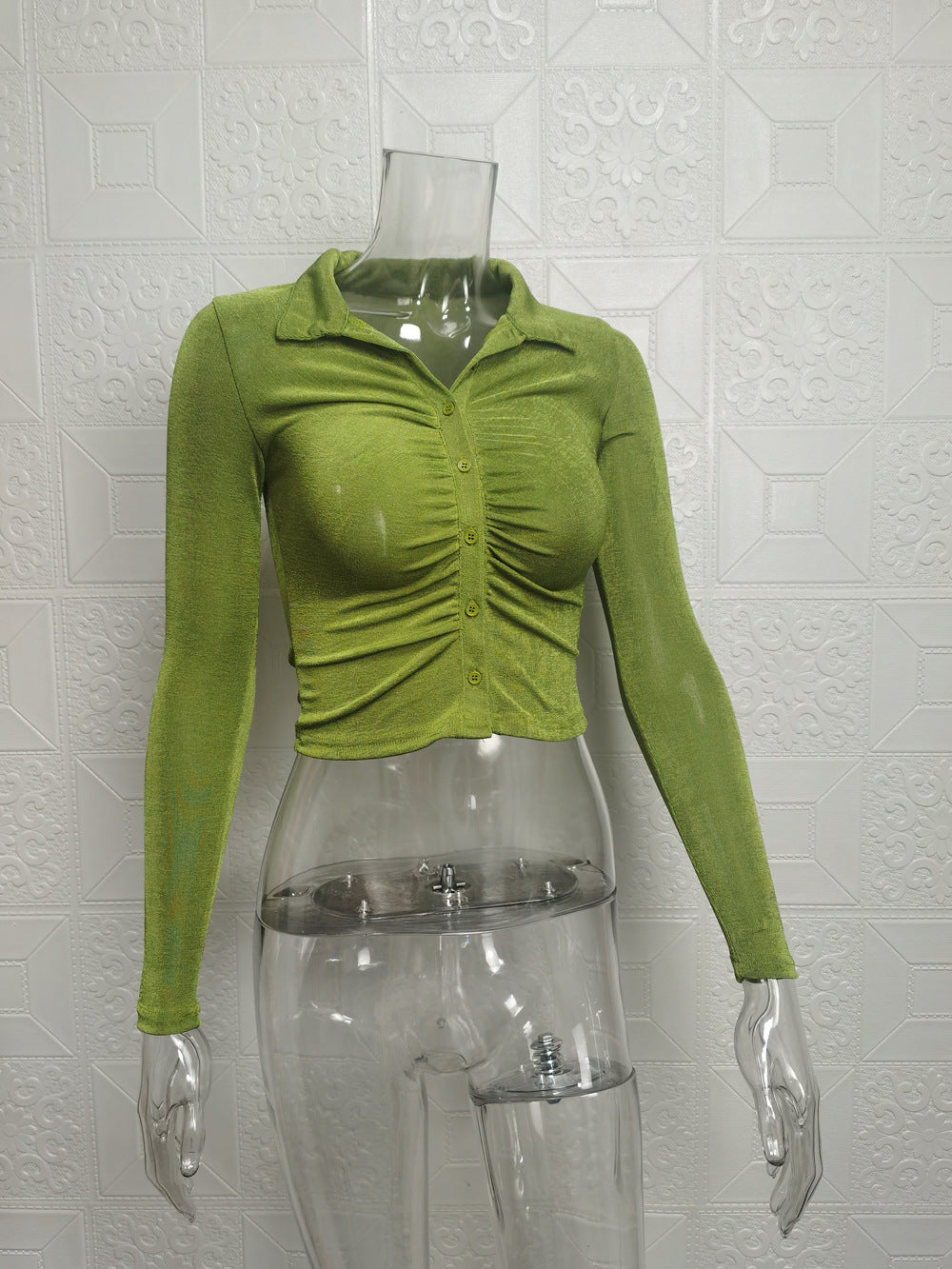 Women Sexy Pleated Turndown Collar Long Sleeve Shirt 23