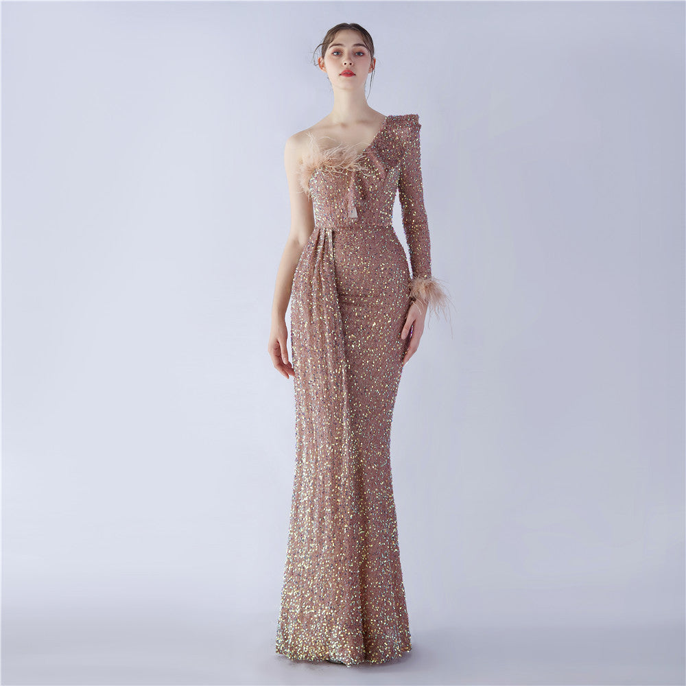 Sexy Slash Shoulder Feather Ruffle Long Sleeve Side Slit Sequin Evening Dress 9