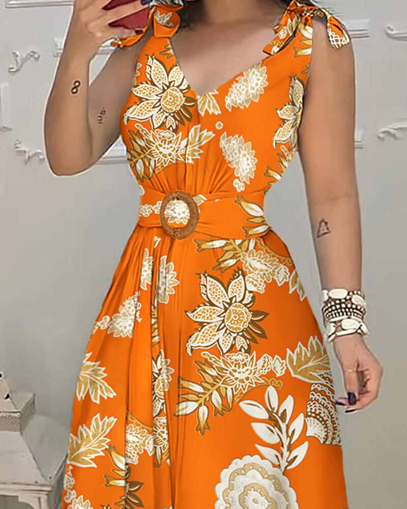 Women V-neck Sleeveless Print Belted Dress 3